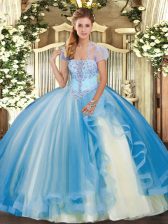 Ideal Baby Blue Strapless Lace Up Appliques and Ruffles Quince Ball Gowns Sleeveless