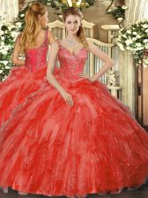  Red Sweet 16 Dress Military Ball and Sweet 16 and Quinceanera with Beading and Ruffles V-neck Sleeveless Lace Up