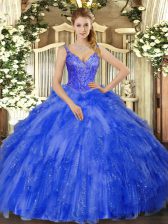 Enchanting Royal Blue Ball Gown Prom Dress Military Ball and Sweet 16 and Quinceanera with Beading and Ruffles V-neck Sleeveless Lace Up