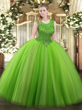Fancy Scoop Sleeveless Vestidos de Quinceanera Floor Length Beading Tulle