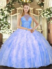 Custom Design Ball Gowns Ball Gown Prom Dress Blue High-neck Organza Sleeveless Floor Length Lace Up
