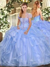 Modern Light Blue Sleeveless Appliques and Ruffles Floor Length Sweet 16 Quinceanera Dress
