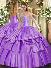 Wonderful Floor Length Lace Up Ball Gown Prom Dress Lavender for Military Ball and Sweet 16 and Quinceanera with Beading and Ruffled Layers