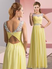 Sumptuous Yellow Empire Chiffon Scoop Sleeveless Beading Floor Length Clasp Handle Dress for Prom