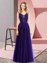  Purple Tulle Backless Square Sleeveless Floor Length Prom Dresses Beading and Appliques