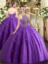  Floor Length Purple Quinceanera Dresses Tulle Sleeveless Beading and Appliques