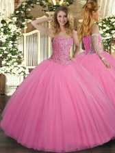 Rose Pink Sleeveless Tulle Lace Up Quinceanera Dress for Military Ball and Sweet 16 and Quinceanera