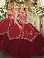 Ideal Beading and Appliques and Embroidery Sweet 16 Dresses Wine Red Lace Up Cap Sleeves Floor Length