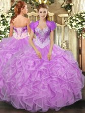 Vintage Lilac Sweetheart Neckline Beading and Ruffles 15th Birthday Dress Sleeveless Lace Up