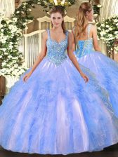 Glorious Sleeveless Floor Length Beading and Ruffles Lace Up Quince Ball Gowns with Light Blue