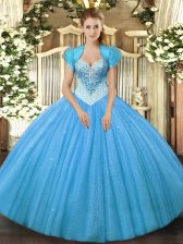 Glorious Aqua Blue Sleeveless Floor Length Beading Lace Up Quinceanera Dress
