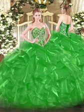  Sweetheart Sleeveless 15th Birthday Dress Floor Length Beading and Ruffles Green Organza