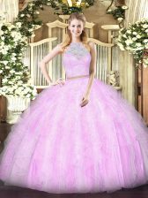  Tulle Scoop Sleeveless Zipper Lace and Ruffles Quinceanera Gown in Lilac