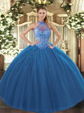 Floor Length Navy Blue Quinceanera Gowns Tulle Sleeveless Beading and Embroidery