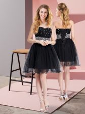  Black Elastic Woven Satin and Tulle Lace Up Prom Gown Sleeveless Mini Length Beading