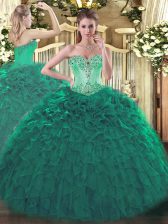  Turquoise Sleeveless Floor Length Beading and Ruffles Lace Up Ball Gown Prom Dress