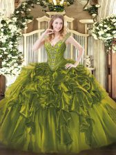 Vintage V-neck Sleeveless Sweet 16 Dresses Floor Length Beading and Ruffles Olive Green Organza