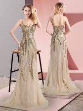 Excellent Tulle Spaghetti Straps Sleeveless Sweep Train Side Zipper Beading Evening Dress in Champagne