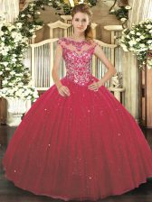  Wine Red Ball Gowns Tulle Scoop Cap Sleeves Beading and Appliques Floor Length Lace Up Quince Ball Gowns