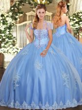 Nice Light Blue Lace Up Strapless Beading and Appliques Quince Ball Gowns Tulle Sleeveless