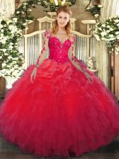 Comfortable Lace and Ruffles Quince Ball Gowns Red Lace Up Long Sleeves Floor Length