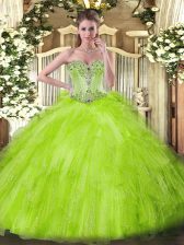 Clearance Sweetheart Sleeveless Tulle Quince Ball Gowns Beading and Ruffles Lace Up