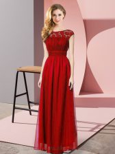 Fine Wine Red Empire Chiffon Strapless Sleeveless Lace Floor Length Zipper Homecoming Dress