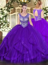 Vintage Sleeveless Organza Floor Length Lace Up Ball Gown Prom Dress in Eggplant Purple with Beading and Ruffles