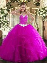  Fuchsia Sweetheart Lace Up Appliques and Ruffles Vestidos de Quinceanera Sleeveless
