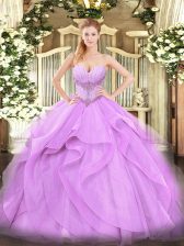 Designer Floor Length Lace Up Sweet 16 Quinceanera Dress Lavender for Military Ball and Sweet 16 and Quinceanera with Beading and Ruffles