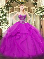  Fuchsia Lace Up Sweetheart Beading and Ruffles 15th Birthday Dress Tulle Sleeveless