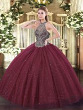Sweet Burgundy Ball Gowns Beading Quinceanera Dresses Lace Up Tulle Sleeveless Floor Length
