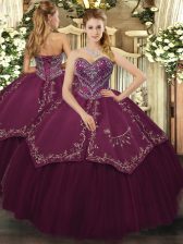  Burgundy Taffeta and Tulle Lace Up Sweetheart Sleeveless Floor Length Quince Ball Gowns Beading and Pattern