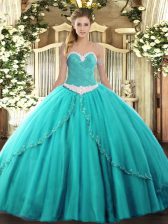 Fantastic Turquoise Ball Gowns Tulle Sweetheart Sleeveless Appliques Lace Up Quince Ball Gowns Brush Train