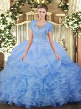  Aqua Blue Scoop Clasp Handle Beading and Ruffled Layers Quince Ball Gowns Sleeveless