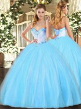  Aqua Blue Tulle Lace Up Quince Ball Gowns Sleeveless Floor Length Beading