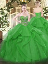  Sleeveless Tulle Floor Length Lace Up Sweet 16 Quinceanera Dress in Green with Beading and Ruffles