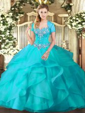 Adorable Sleeveless Floor Length Beading and Ruffles Lace Up Sweet 16 Dress with Aqua Blue
