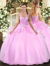  Straps Sleeveless Sweet 16 Dress Floor Length Beading Pink Organza