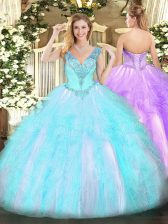 Top Selling Aqua Blue Ball Gowns Organza V-neck Sleeveless Beading and Ruffles Floor Length Lace Up Sweet 16 Dress