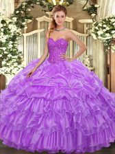 Eye-catching Lavender Lace Up Quince Ball Gowns Beading and Ruffled Layers and Pick Ups Sleeveless Floor Length