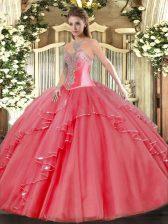 Floor Length Ball Gowns Sleeveless Coral Red Vestidos de Quinceanera Lace Up