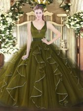  Olive Green Straps Zipper Beading and Ruffles Quince Ball Gowns Sleeveless