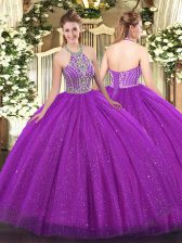  Halter Top Sleeveless Lace Up 15th Birthday Dress Fuchsia Tulle
