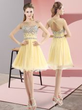 Sleeveless Tulle Mini Length Side Zipper Prom Evening Gown in Light Yellow with Beading