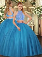  Halter Top Sleeveless Tulle Sweet 16 Dress Beading Criss Cross