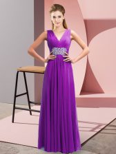 Glorious Purple Side Zipper V-neck Beading and Ruching Prom Evening Gown Chiffon Sleeveless