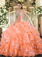 Inexpensive Organza Sleeveless Floor Length Quince Ball Gowns and Beading and Ruffled Layers