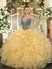  Sweetheart Sleeveless Sweet 16 Quinceanera Dress Floor Length Beading and Ruffles Gold Organza
