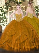 Clearance Gold Lace Up Sweetheart Beading and Ruffles Ball Gown Prom Dress Organza Sleeveless